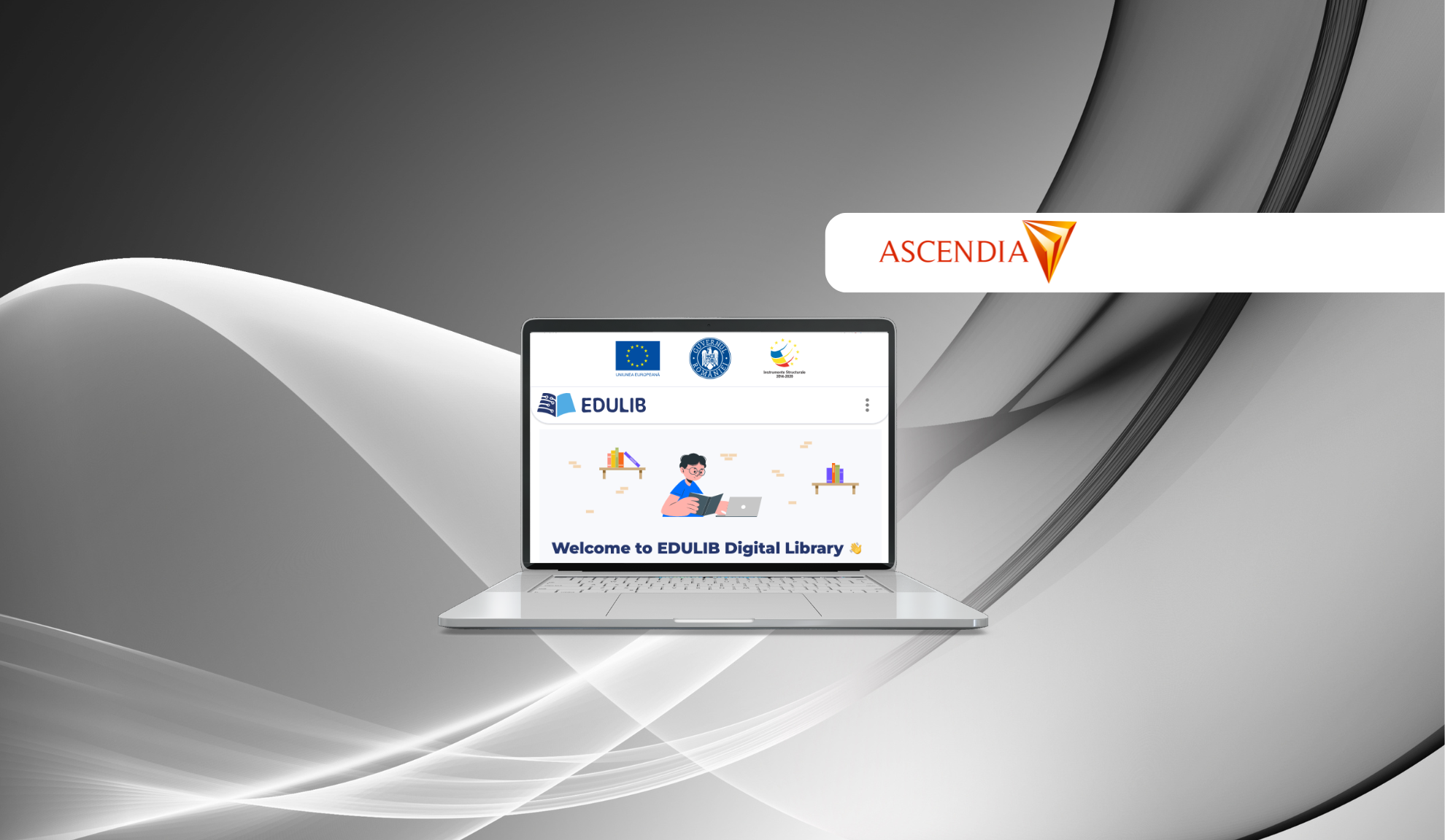 EduLib English artwork showing the national digital library interface on a laptop with European Union, Romanian Government, and programme marks
