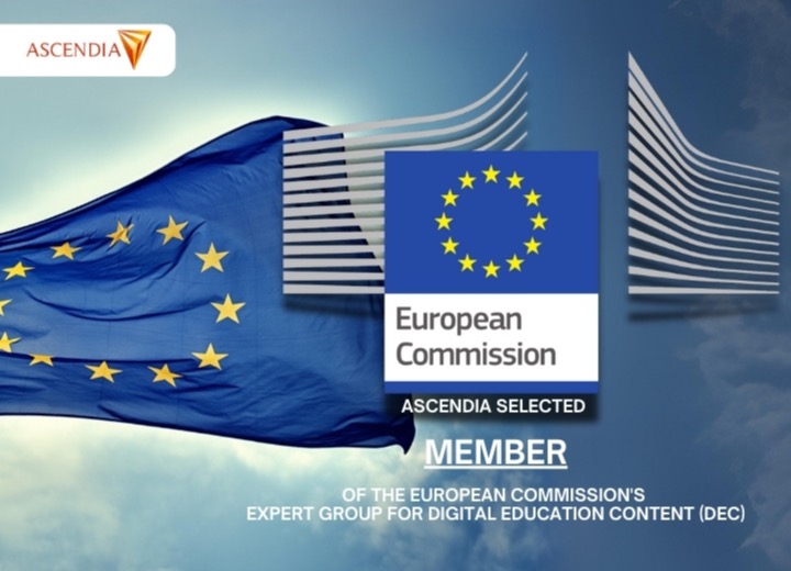 European Union flag and European Commission emblem above the announcement that Ascendia has been selected as a member of the European Commission Expert Group for Digital Education Content (DEC), 1 July 2024